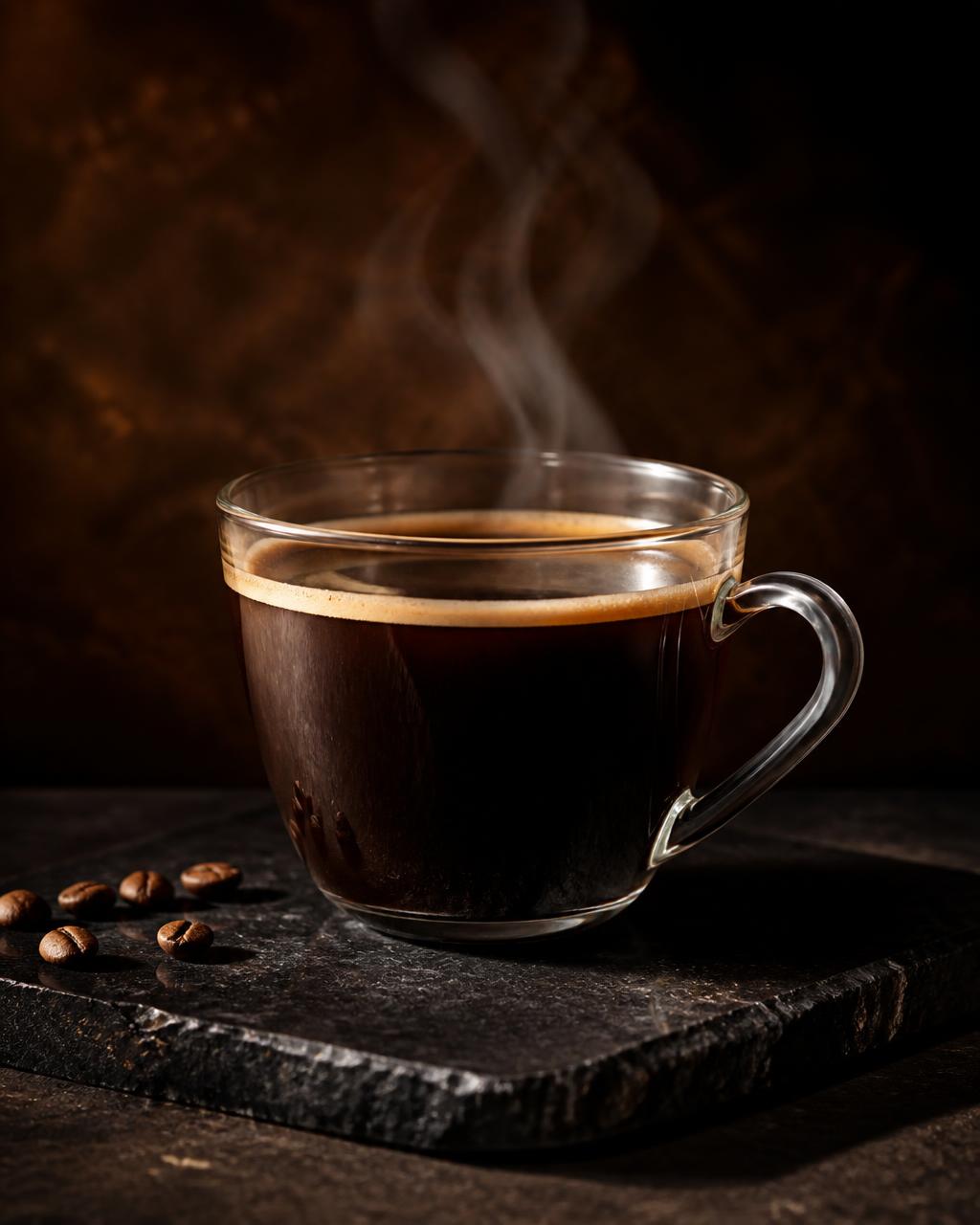 Americano in a clear glass cup on dark stone