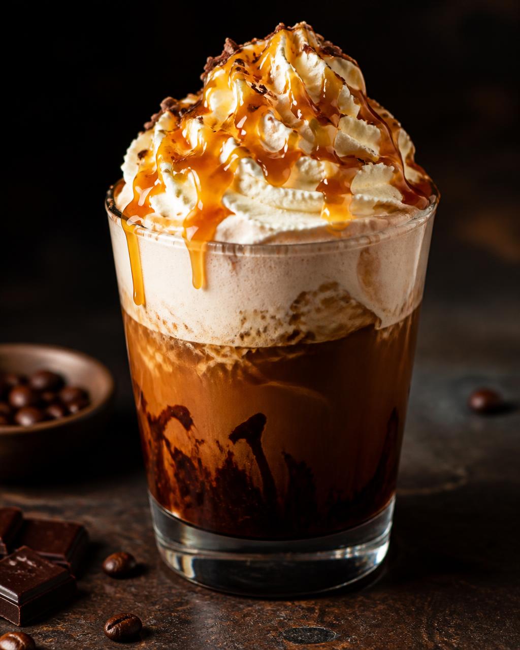 Caramel mocha with caramel drizzle over whipped cream