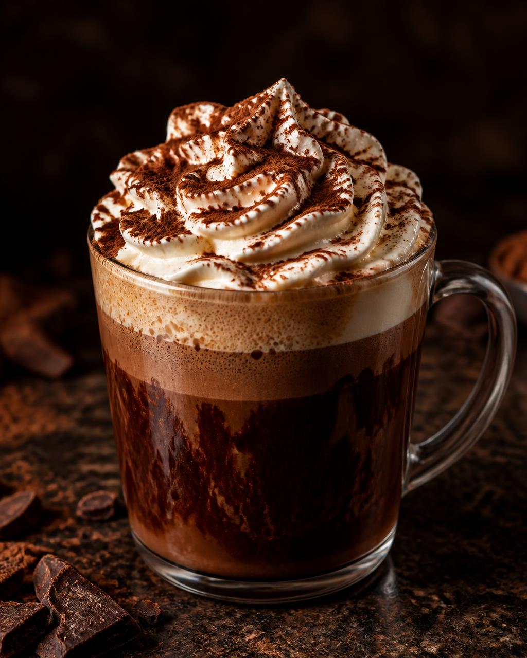 Hot mocha with whipped cream and cocoa dust