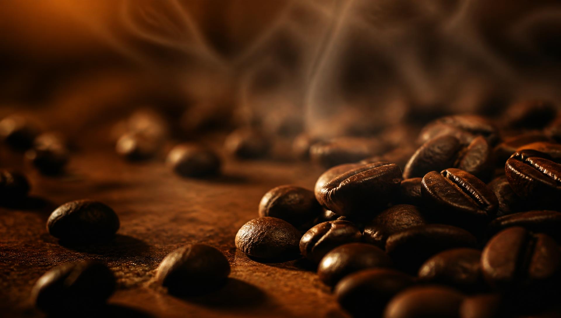 Freshly roasted coffee beans on a warm dark surface with soft honey light