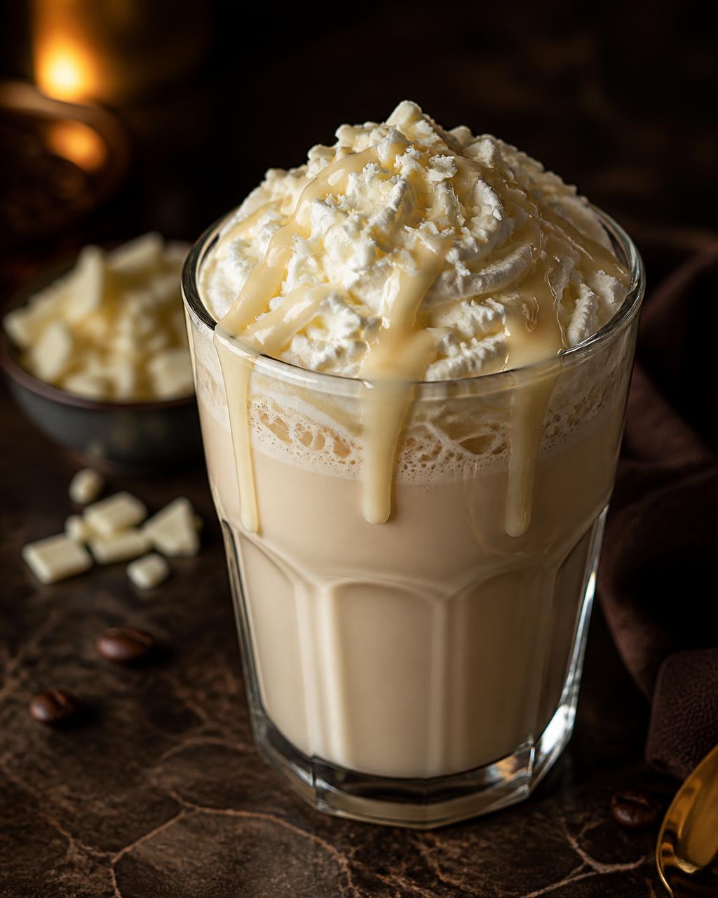White chocolate mocha in a tall glass